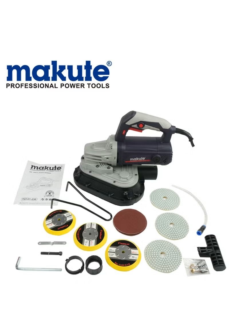 ماكيوت ماكينة صنفرة الأسطح ثلاثية الرؤوس Makute TG121-230 بقوة 2450 واط، قرص صنفرة 230 مم، سرعة قابلة للتعديل من 2500 إلى 4800 دورة في الدقيقة، أداة احترافية للجدران والأرضيات والجص - Image 1